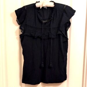 Anthropologie 100% Cotton Black Ruffled Cap Sleeve Blouse